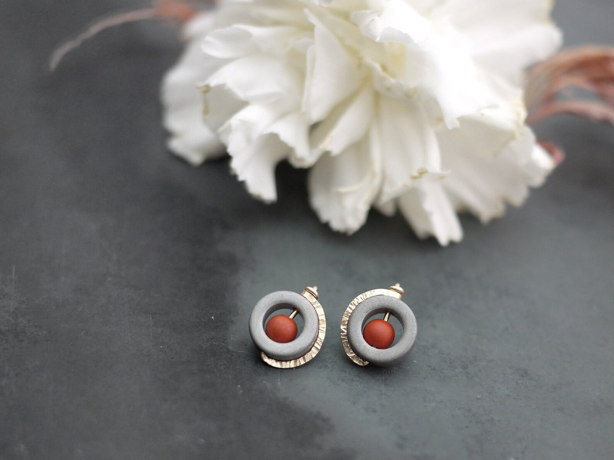 Circle Red Jasper + Hematite Post Earrings