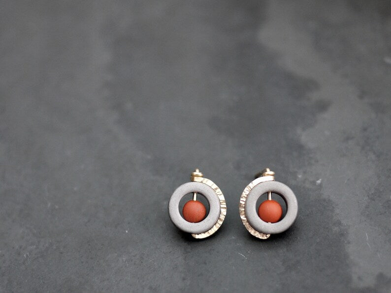 Circle Red Jasper + Hematite Post Earrings