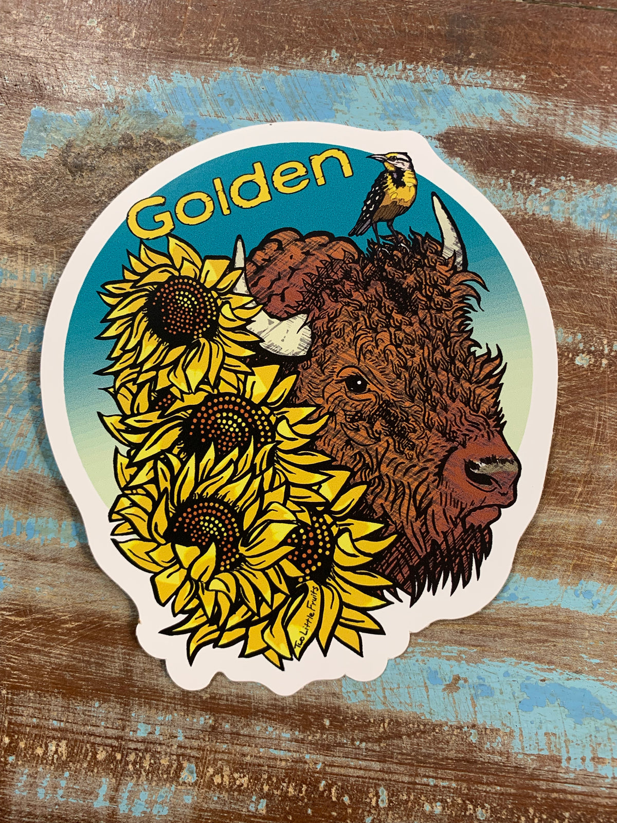 Bison and Sunflower Vinyl Sticker with Golden written above the bison's head