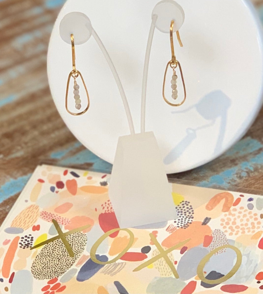 Gold and Labradorite Teardrop Earrings with an XOXO red cap card