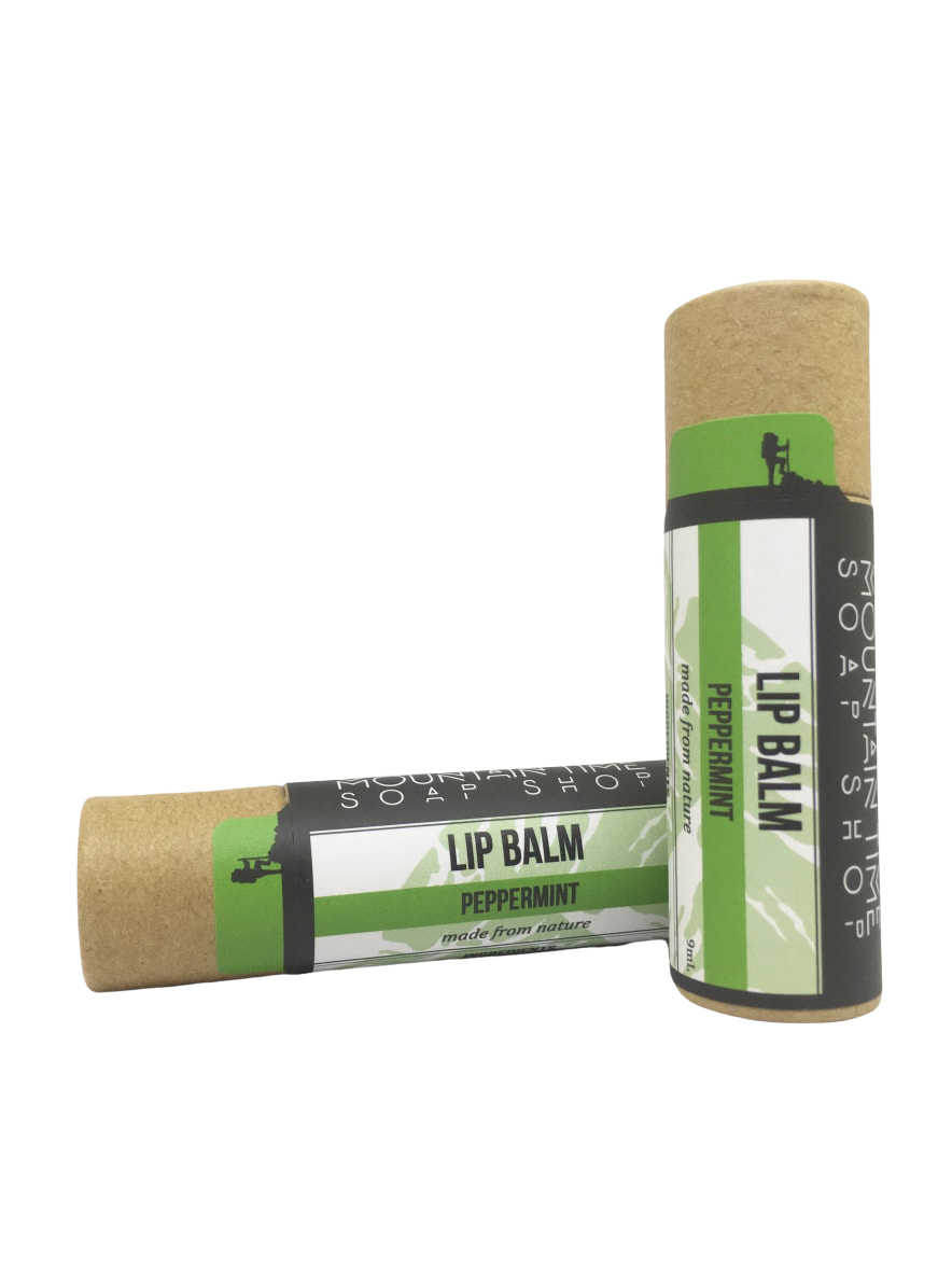 2 sticks of Peppermint Lip Balm in zero waste kraft colored tubes made by mountain time soap shop