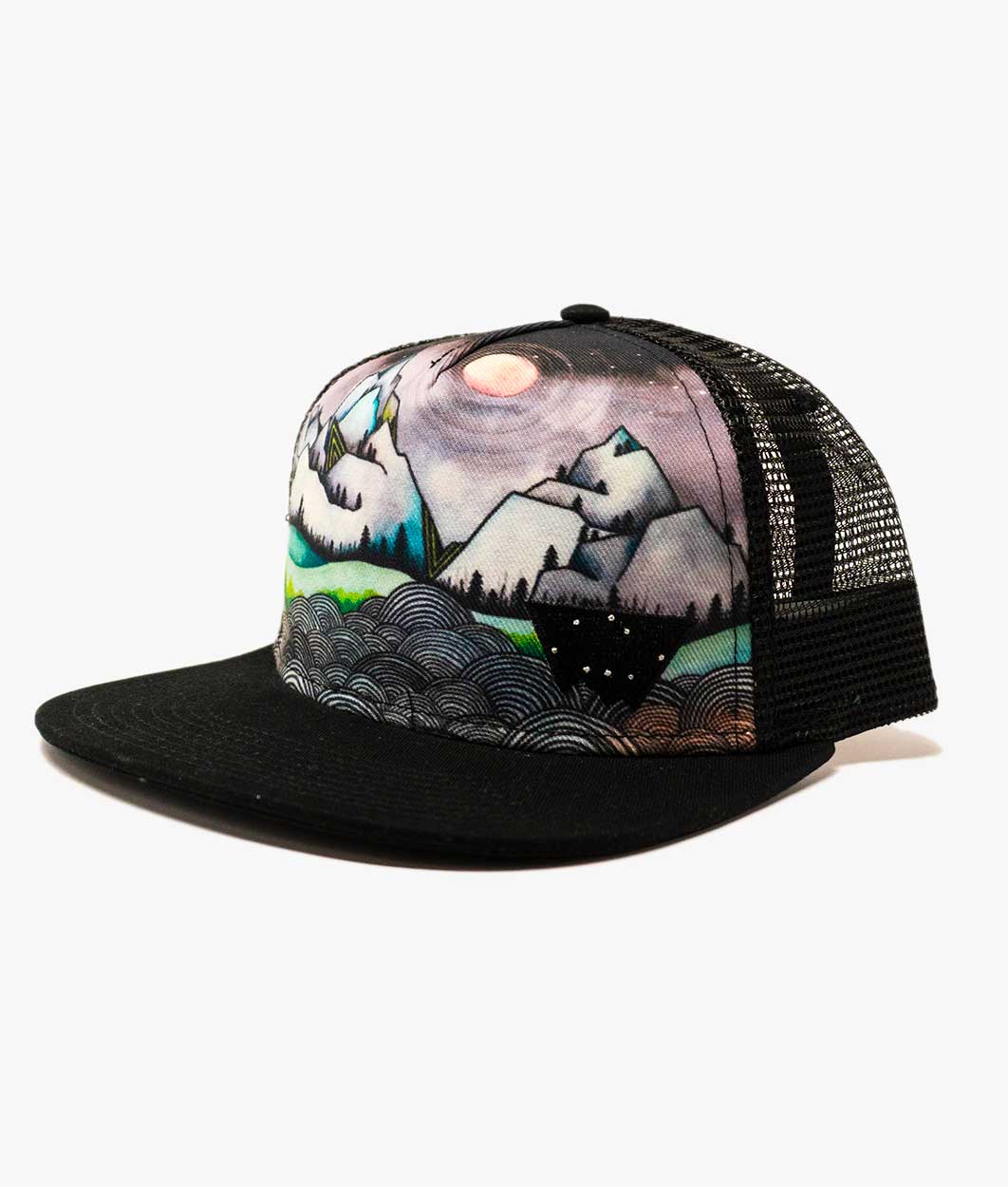 Flat Bill Trucker Snap Back Hat with Black Mesh and Bill featuring Elise Holme's Watercolor Painting of the Minaret Mountain Range