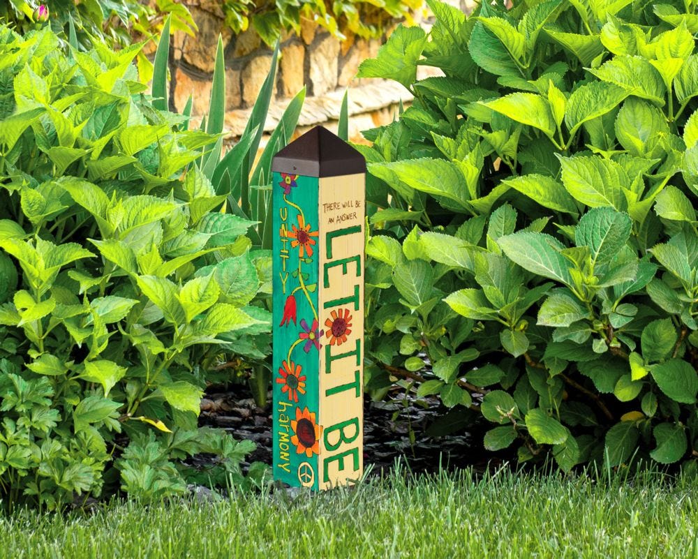 20" Garden Art Square Based Pole with Let it Be Lyrics and colorful artwork