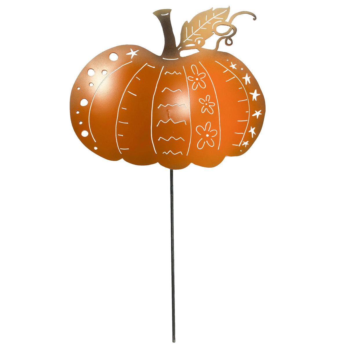 Metal Pumpkin Garden Stake Painted Orange and with funky cut outs