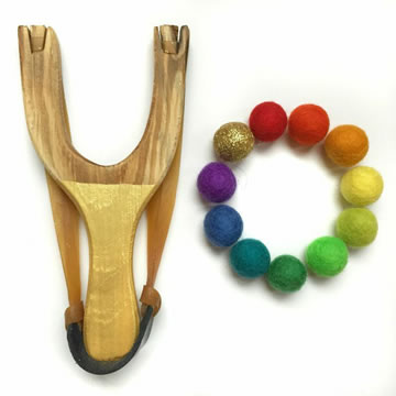Gold Wooden Slingshot Toy With Felt Ball Ammo