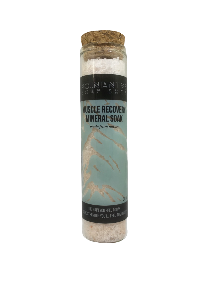 Mountain Time Soap Shop Muscle Recovery Detox Salts in a 2.5oz glass vial with cork stopper